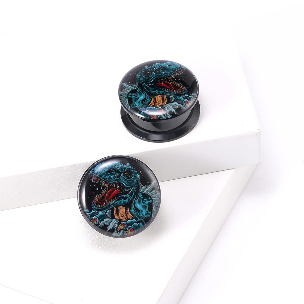 POBAISITER 1 Pair Acrylic Solid Screw On Ear Gauges Jurassic Dinosaur Tyrannosaurus Roar 2g- 1 Inch LOGO Drawing Allergy Free For Women For Men Body Piercing Jewelry