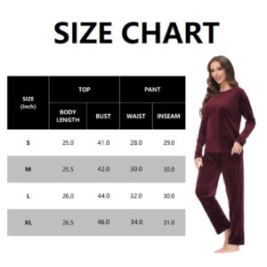 COZZIPLUS Women Velour Lounge Set 2 Piece Velvet Pajama Set Sweatsuit Crew Neck Sweatshirt and Elastic Waist Sweatpant(Burgundy,M)