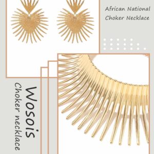 Wosois African Choker Necklace Earrings Set Gold Flower Chunky Adjustable Statement Collar Alloy Thorn Costumes Jewelry Accessories for WomenGold B