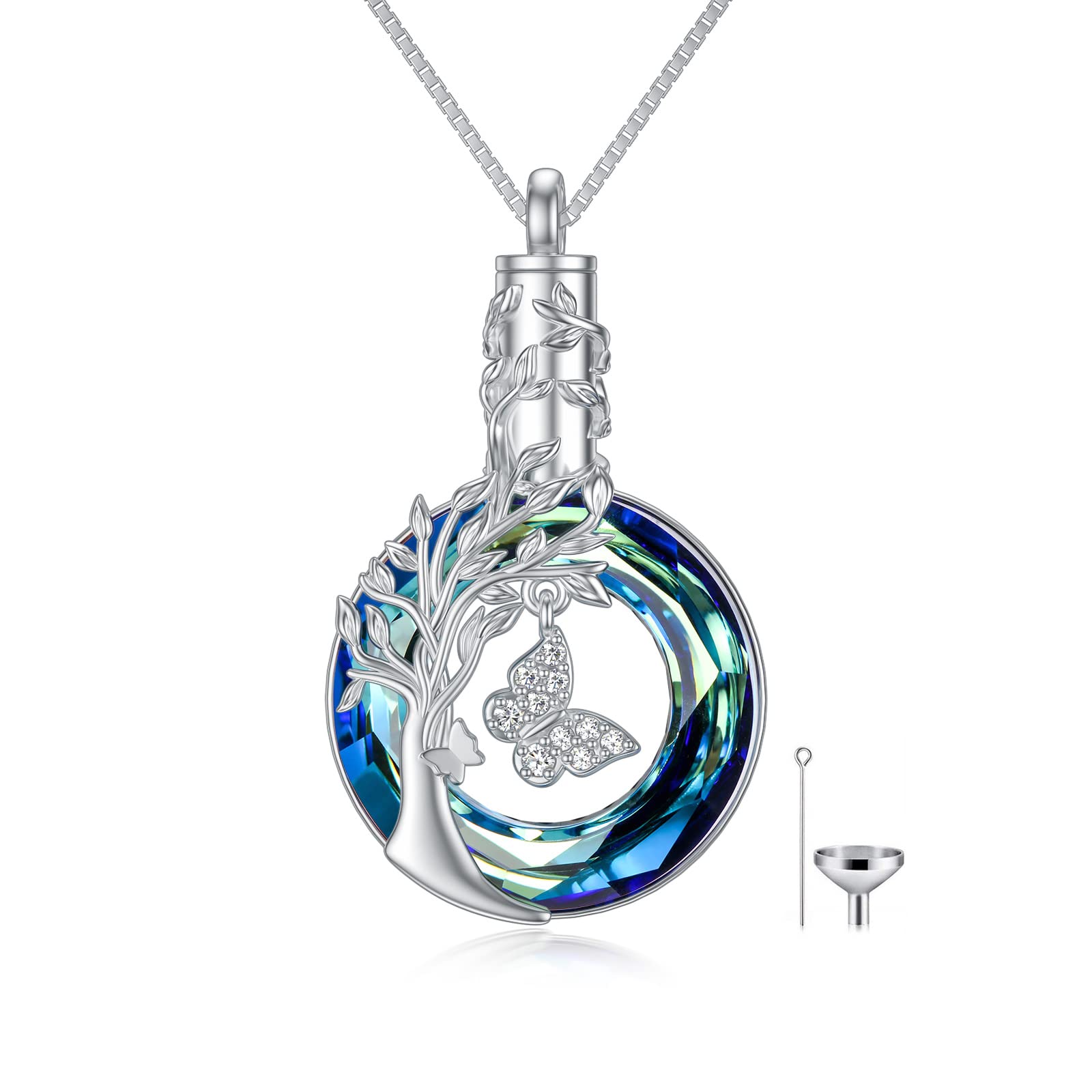 TOUPOP Tree of Life Urn Necklace for Ashes Sterling Silver Butterfly Cremation Jewelry for Ashes Memorial Pendant Jewelry for Women(Tree of life & Butterfly)