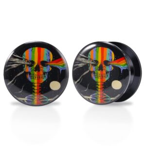 POBAISITER 1 Pair Acrylic Solid Screw On Ear Gauges Rainbow skulls 2g- 1 Inch Colored Drawing Allergy Free For Women For Men Body Piercing Jewelry