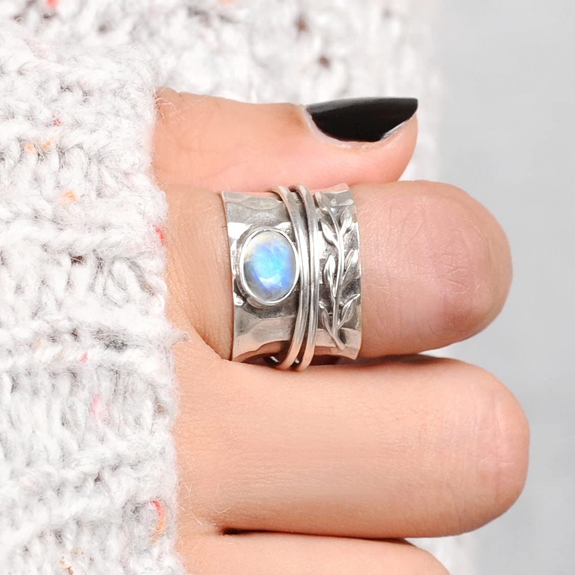 Boho-Magic 925 Sterling Silver Leaf Spinner Fidget Ring for Women with Moonstone Gemstone (9)