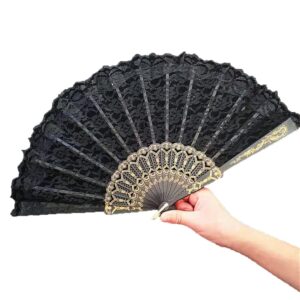 vintage style folding fan, delicate lace fan flapper accessories,costume dancing show tea party wedding decoration (lace black)