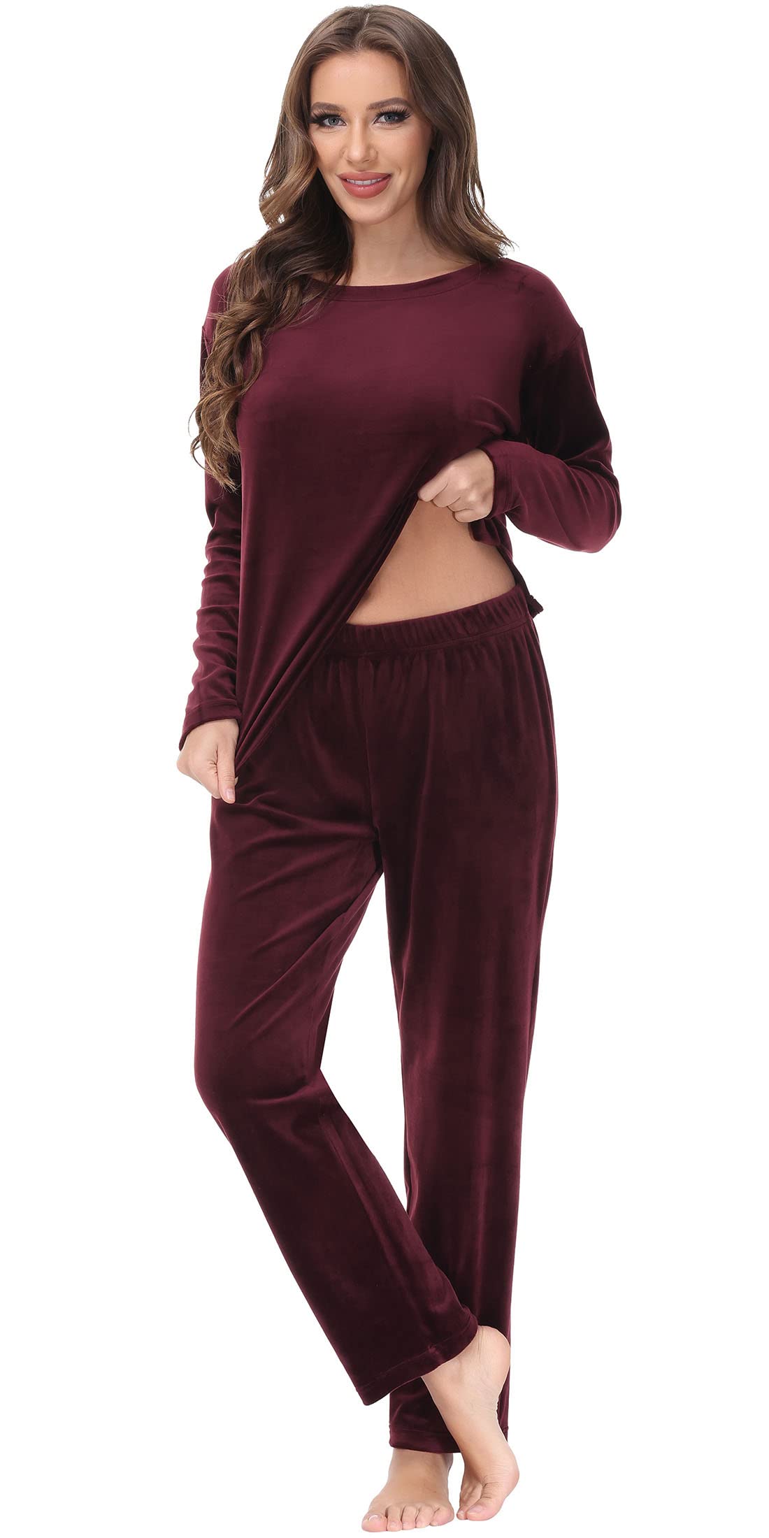 COZZIPLUS Women Velour Lounge Set 2 Piece Velvet Pajama Set Sweatsuit Crew Neck Sweatshirt and Elastic Waist Sweatpant(Burgundy,M)