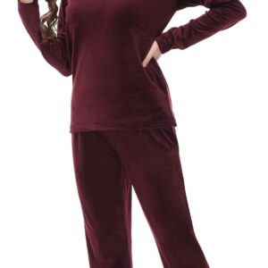 COZZIPLUS Women Velour Lounge Set 2 Piece Velvet Pajama Set Sweatsuit Crew Neck Sweatshirt and Elastic Waist Sweatpant(Burgundy,M)