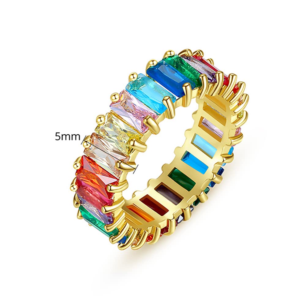 Michooyel Eternity Rainbow Ring Band Ring for Women 18K Gold Plated Baguette Multicolor Cubic Zirconia Eternity Ring