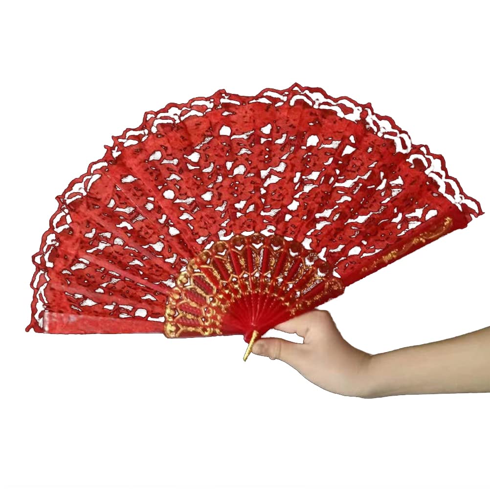 Embroidered Lace Feather Fan, Vintage Style Folding Handheld Flapper Hand Fan for Costume Party Dancing (red)