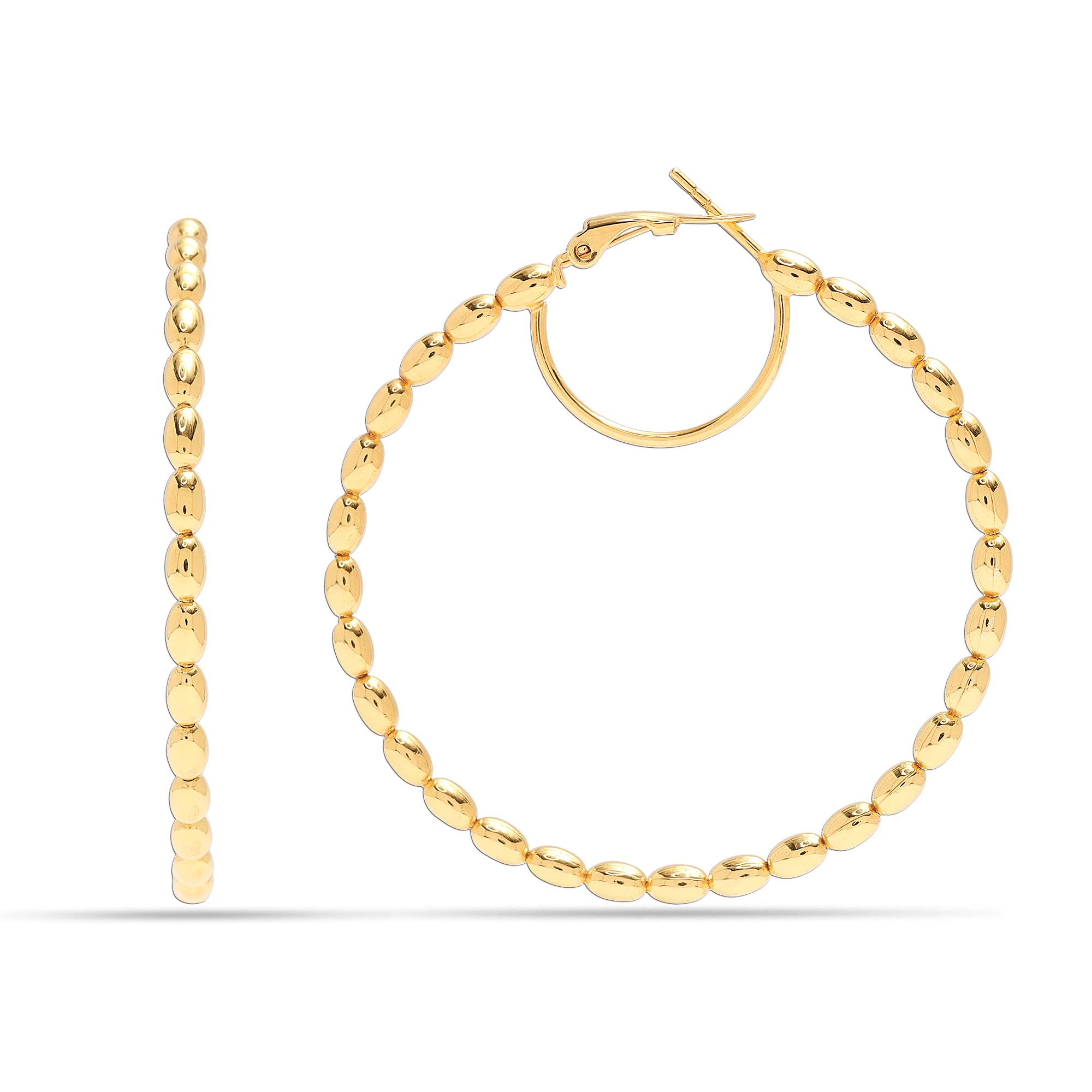 LeCalla 14K Gold-Plated 925 Sterling Silver Large Beaded Omega Hoop Earrings for Women Teen 55mm