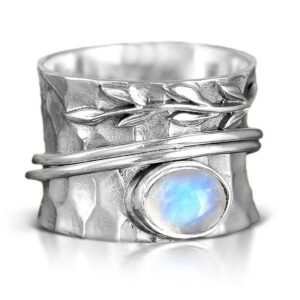 Boho-Magic 925 Sterling Silver Leaf Spinner Fidget Ring for Women with Moonstone Gemstone (9)