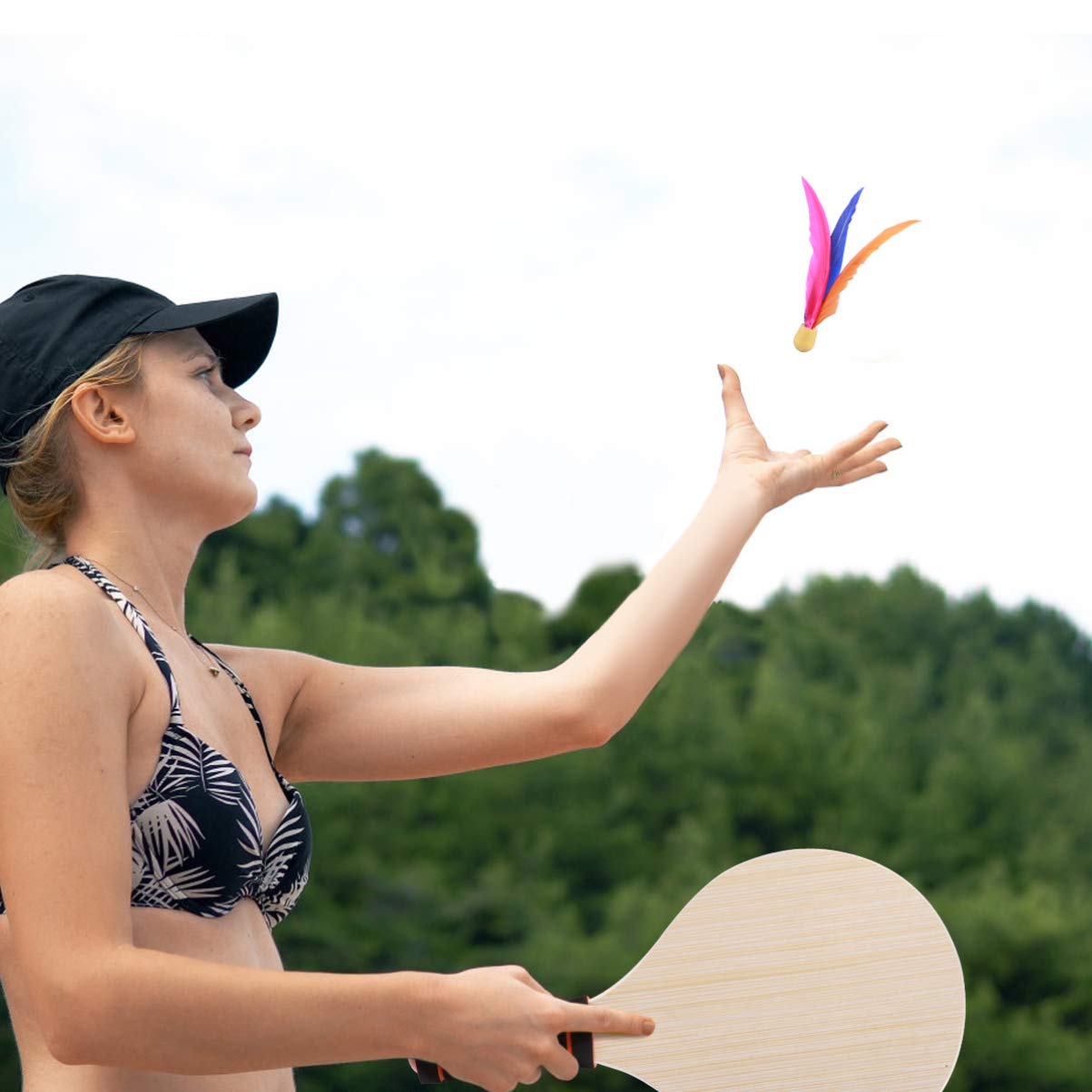 SEWACC Paddle Ball Game Beach Tennis 2 Wooden Racket with 5 Birdies 5 Balls 2 Handles Racquet for All Ages