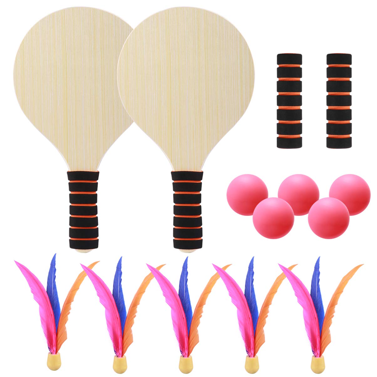 SEWACC Paddle Ball Game Beach Tennis 2 Wooden Racket with 5 Birdies 5 Balls 2 Handles Racquet for All Ages