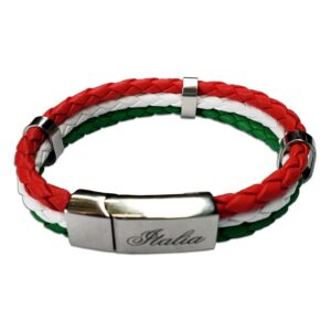 Tricolor Leather Bracelet with Stainless Steel Clasp in Italy Flag Colors - Great Italian Themed Jewelry Gift for Women and Men