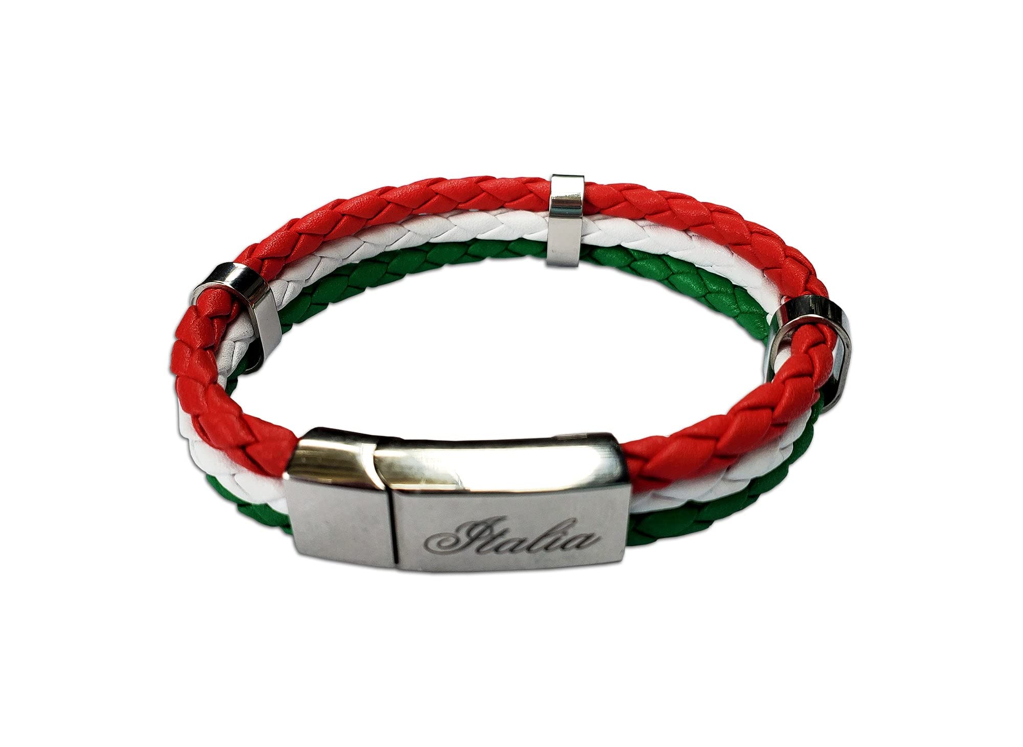 Tricolor Leather Bracelet with Stainless Steel Clasp in Italy Flag Colors - Great Italian Themed Jewelry Gift for Women and Men