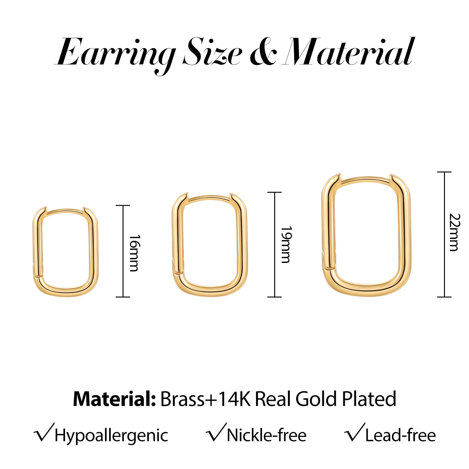 Sloong 3pairs Hoop Earrings Set 14K Gold Plated Lightweight Hypoallergenic Chunky Square Hoop Earrings Gold Rectangle Earring for Women Gift