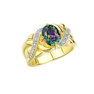 Rylos Rings for Women 14K Gold Plated Silver Ring Classic 9X7MM Oval Gemstone & Diamonds June Alexandrite Jewelry Size 7