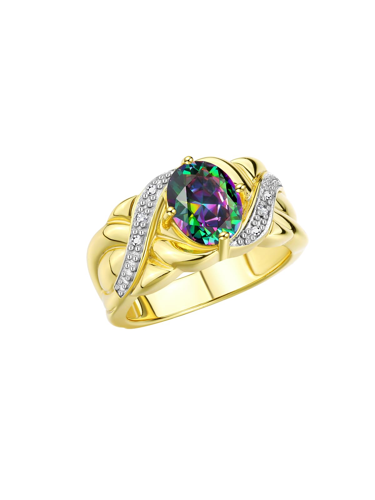 Rylos Rings for Women 14K Gold Plated Silver Ring Classic 9X7MM Oval Gemstone & Diamonds June Alexandrite Jewelry Size 7