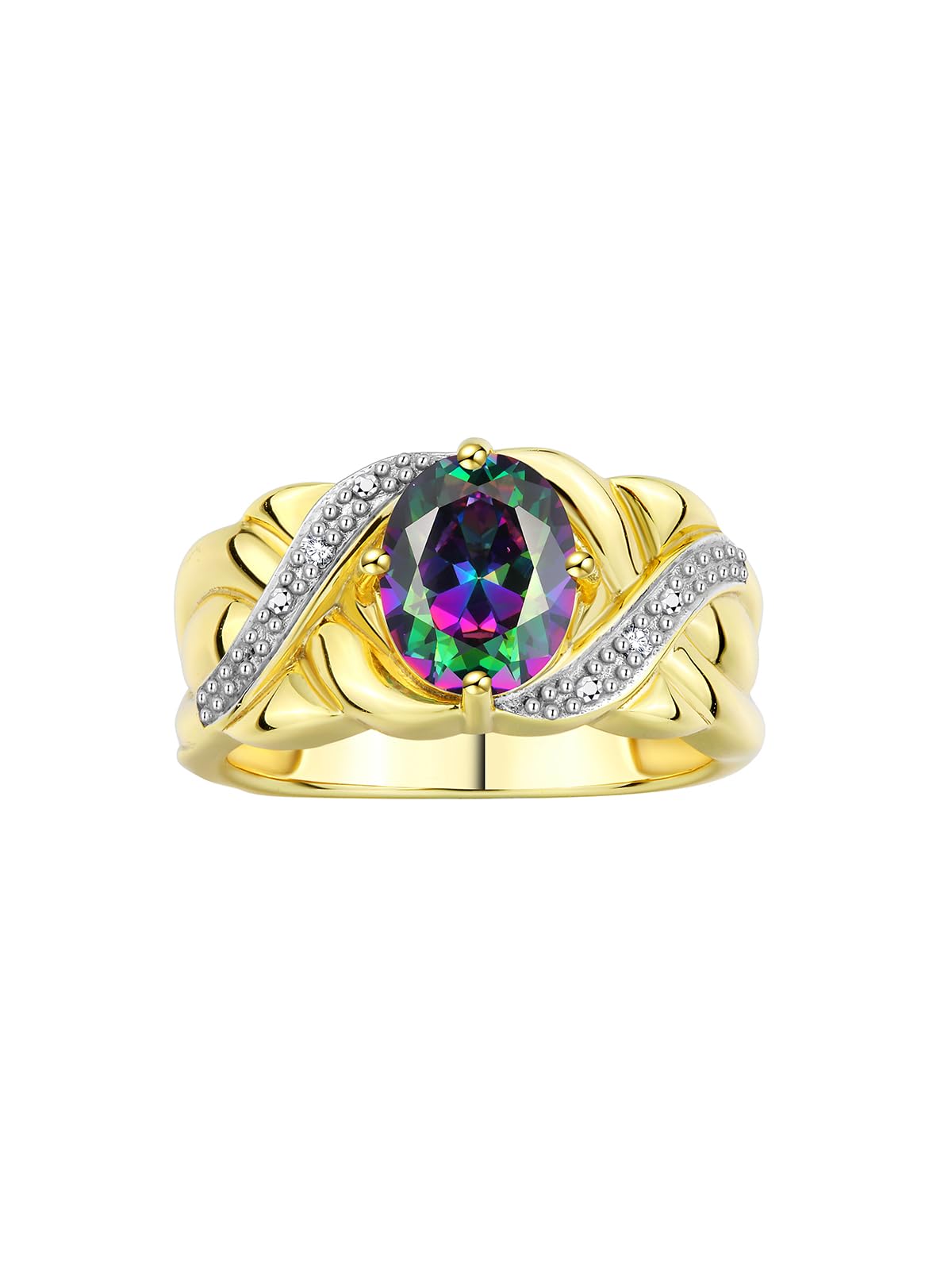 Rylos Rings for Women 14K Gold Plated Silver Ring Classic 9X7MM Oval Gemstone & Diamonds June Alexandrite Jewelry Size 7