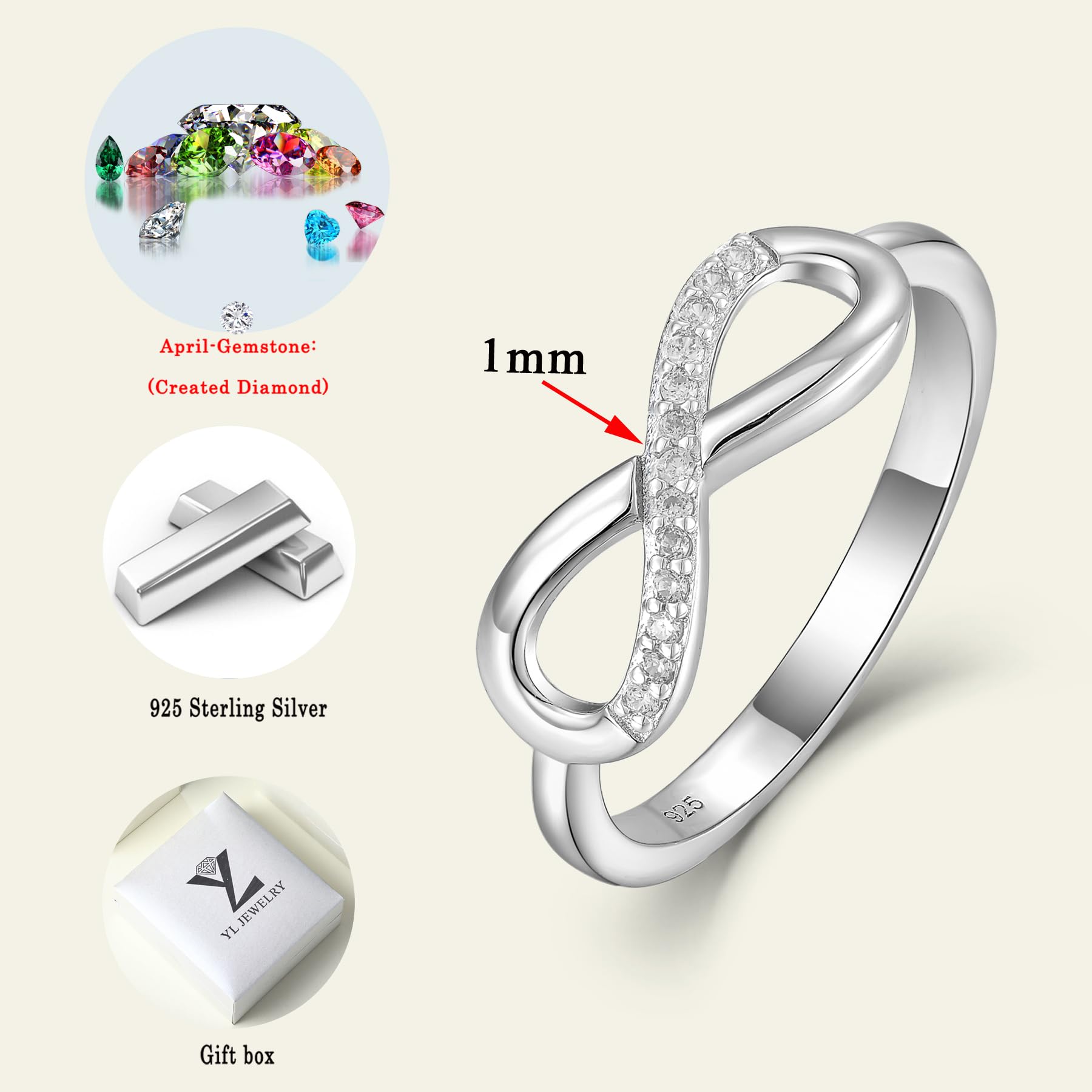 YL Infinity Rings 925 Sterling Silver Engagement Ring Cubic Zirconia Anniversary Jewelry for Women-size8