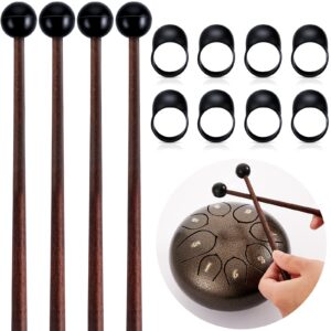 4 pcs steel tongue drum mallets 8 inch glockenspiel sticks drum stick mallet and 8 steel tongue drum finger sleeves, silicone rubber knocking finger picks for gong woodblock drum, steel tongue drum