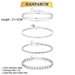 HANPABUM 3-4 PCS Stainless Steel Chain Anklet for Women Dainty Boho Tennis Ankle Bracelets Set Layered Link Paperclip Chain Anklet Adjustable Summer Beach Foot Jewelry