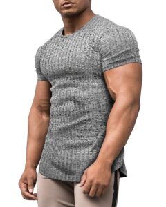 urru men's muscle t shirts stretch short sleeve bodybuilding workout casual slim fit tee shirts grey m