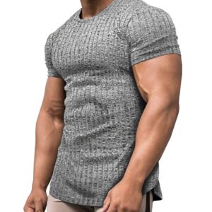 URRU Men's Muscle T Shirts Stretch Short Sleeve Bodybuilding Workout Casual Slim Fit Tee Shirts Grey M