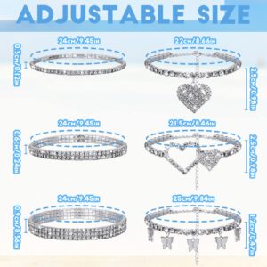 Laumoi 6 Pcs Ankle Bracelets for Women Christmas Rhinestone Stretch Anklet Heart Ankle Bracelets Anklet Jewelry Crystal Foot Chain(Silver, Heart Style)