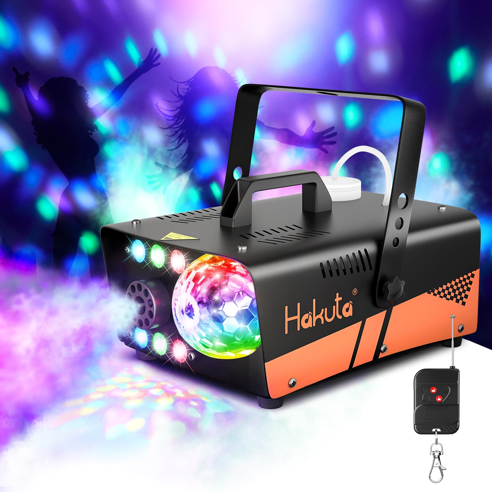 HAKUTA Fog Machine, 600W Smoke Machine with Disco Ball Light and LED RGB Lights, 2300 CFM Spray with Auto Spray Function, Great for Halloween, Christmas, Wedding, Stage Performance and Parties