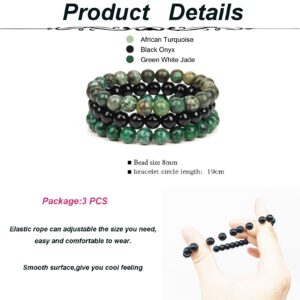 SONNYX 3Pcs 8mm Semi-Precious Gemstones Beaded Bracelets for Women Men Healing Crystal Stone Bracelet Stretch Round Beaded Elastic Bracelets Unisex Jewelry Gifts(GREEN)