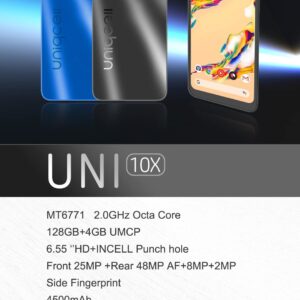 Uniqcell UNI 10X | Android Cell Phone | 6.55" HD+INCELL Punch Hole | Dual Sim | 128GB of Storage | Side Fingerprint (Black)