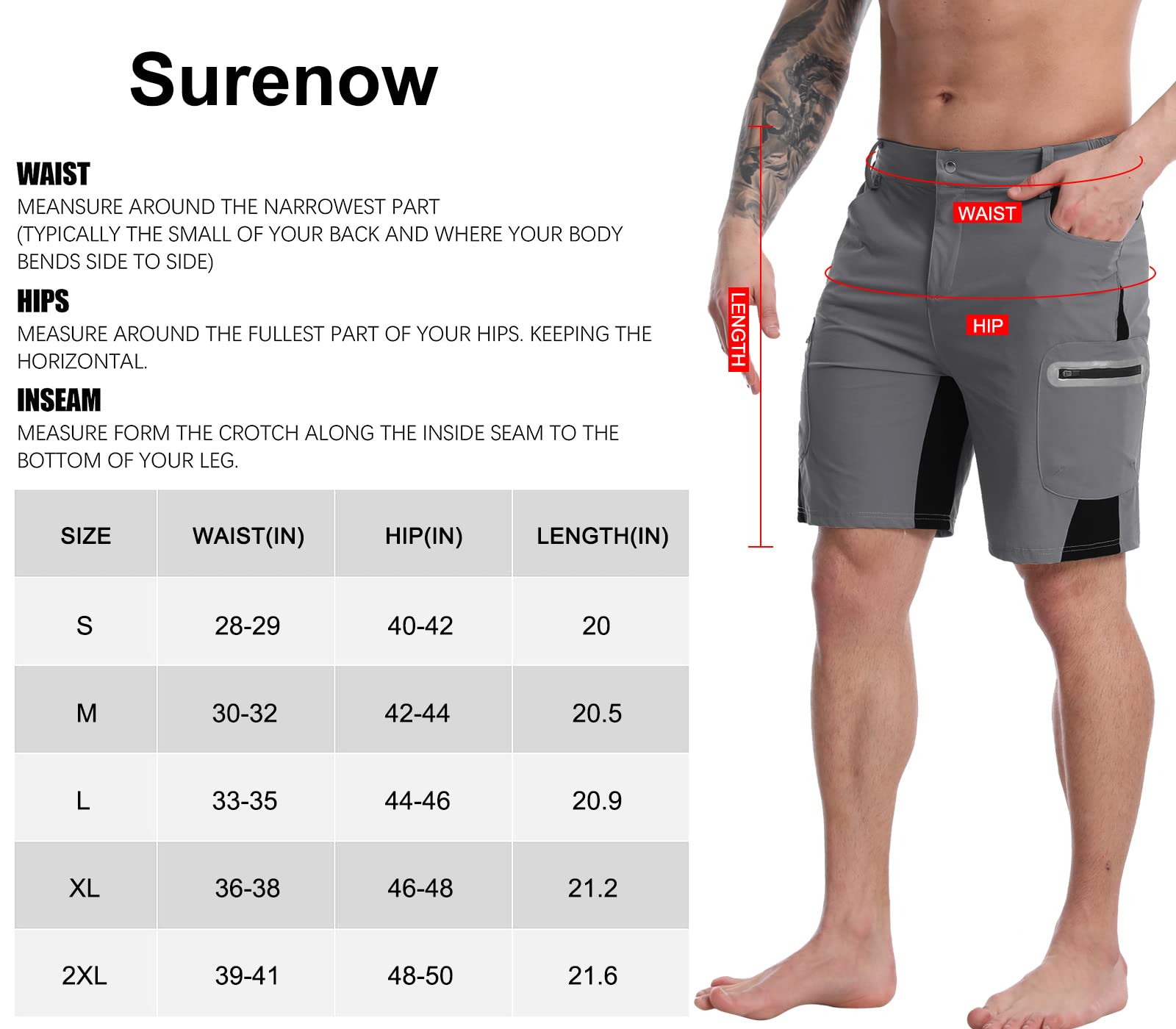 Surenow Men's Hiking Cargo Shorts Lightweight Quick-Dry Shorts Summer Outdoor Fishing Shorts Camping Travel Shorts for Men Grey