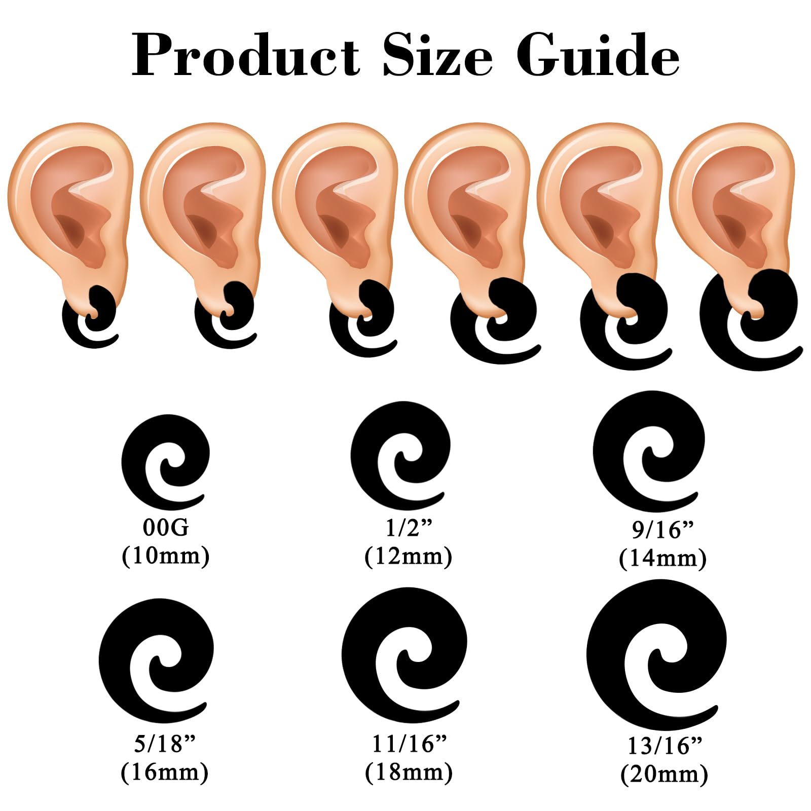 Qmcandy 12pcs Big Gauges Spiral Ear Stretching Kit 00G-20mm Large Acrylic Spiral Set, Rainbow Glitter