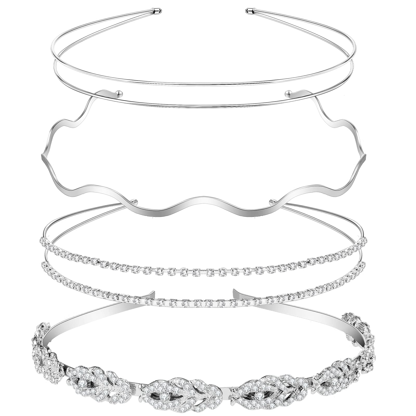 4 Pieces Crystal Headbands for Women Halloween Headbands Silver Diamond Headband Set Elastic Wavy Headband Bridal Metal Double Headband Slim Flower Leaves Hair Band for Halloween Costume Wedding Party