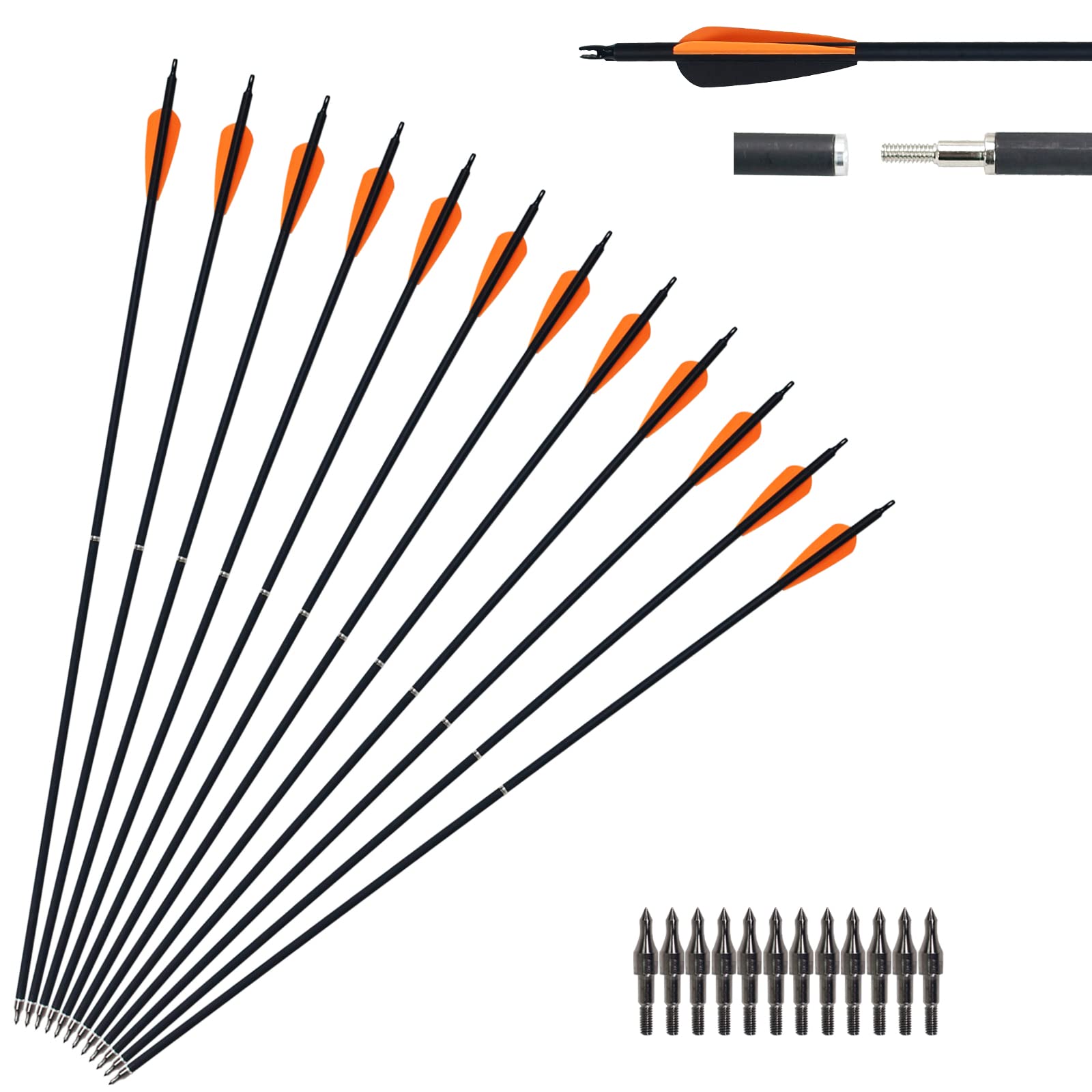 Mxessua 2 Piece Arrows Takedown Carbon Arrows Portable for Takedown Longbow Recurve Compound bow Survival Bow Traveling Spine 500, 12 Pack