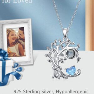 Dorunmo Personalized Photo Picture Projection Necklace Tree of Life Necklace Aquamarine March Birthstone Necklace for Women 925 Sterling Silver Mothers Day Birthday Romantic Jewelry Gifts Women Wife Mom Girlfriend Anniversary