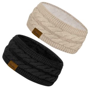 loritta 2 pack headbands for women winter warm cable knit ear warmer thick head wrap fuzzy fleece lined gifts, pure color black+beige