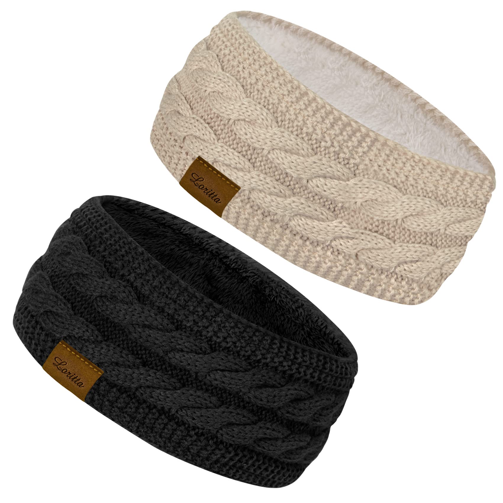 Loritta 2 Pack Headbands for Women Winter Warm Cable Knit Ear Warmer Thick Head Wrap Fuzzy Fleece Lined Gifts, Pure Color Black+Beige