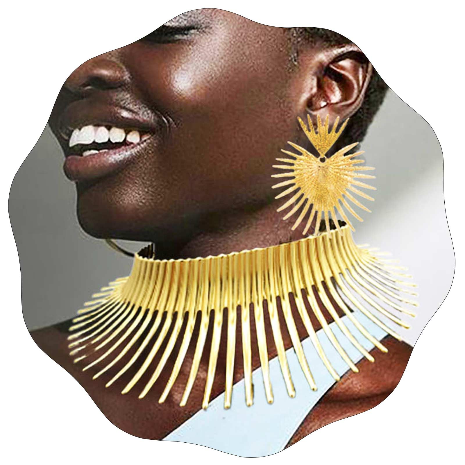 Wosois African Choker Necklace Earrings Set Gold Flower Chunky Adjustable Statement Collar Alloy Thorn Costumes Jewelry Accessories for WomenGold B