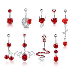 Sanfenly Belly Button Rings for Women 14G Stainless Steel Belly Rings Navel Rings Cute Snake Devil Heart Flower Dangle Belly Button Piercing Jewelry