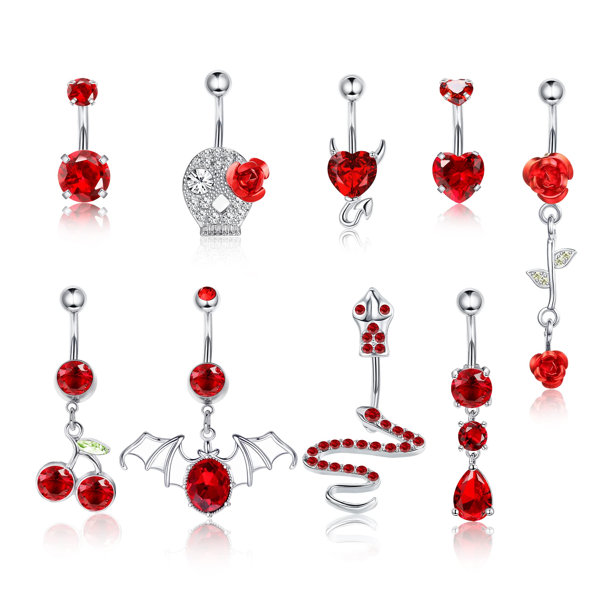 Sanfenly Belly Button Rings for Women 14G Stainless Steel Belly Rings Navel Rings Cute Snake Devil Heart Flower Dangle Belly Button Piercing Jewelry