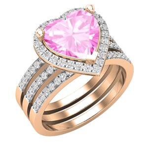 Dazzlingrock Collection 9mm Heart Shaped Created Pink Sapphire & 0.63 CT Round Natural White Diamond Wedding Ring Set for Her in 18K Rose Gold, Size 9