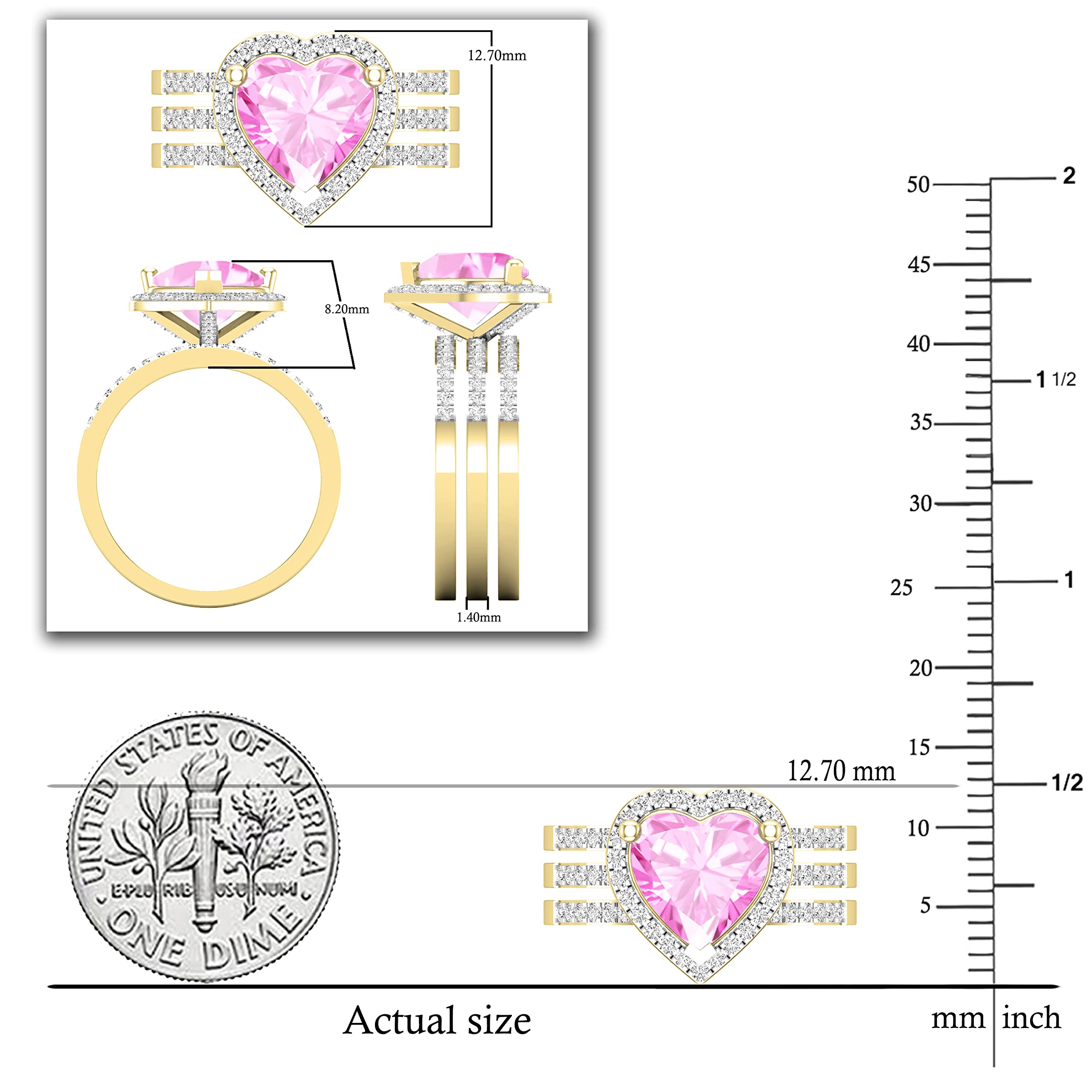 Dazzlingrock Collection 9mm Heart Shaped Created Pink Sapphire & 0.63 CT Round Natural White Diamond Wedding Ring Set for Her in 10K Yellow Gold, Size 7.5