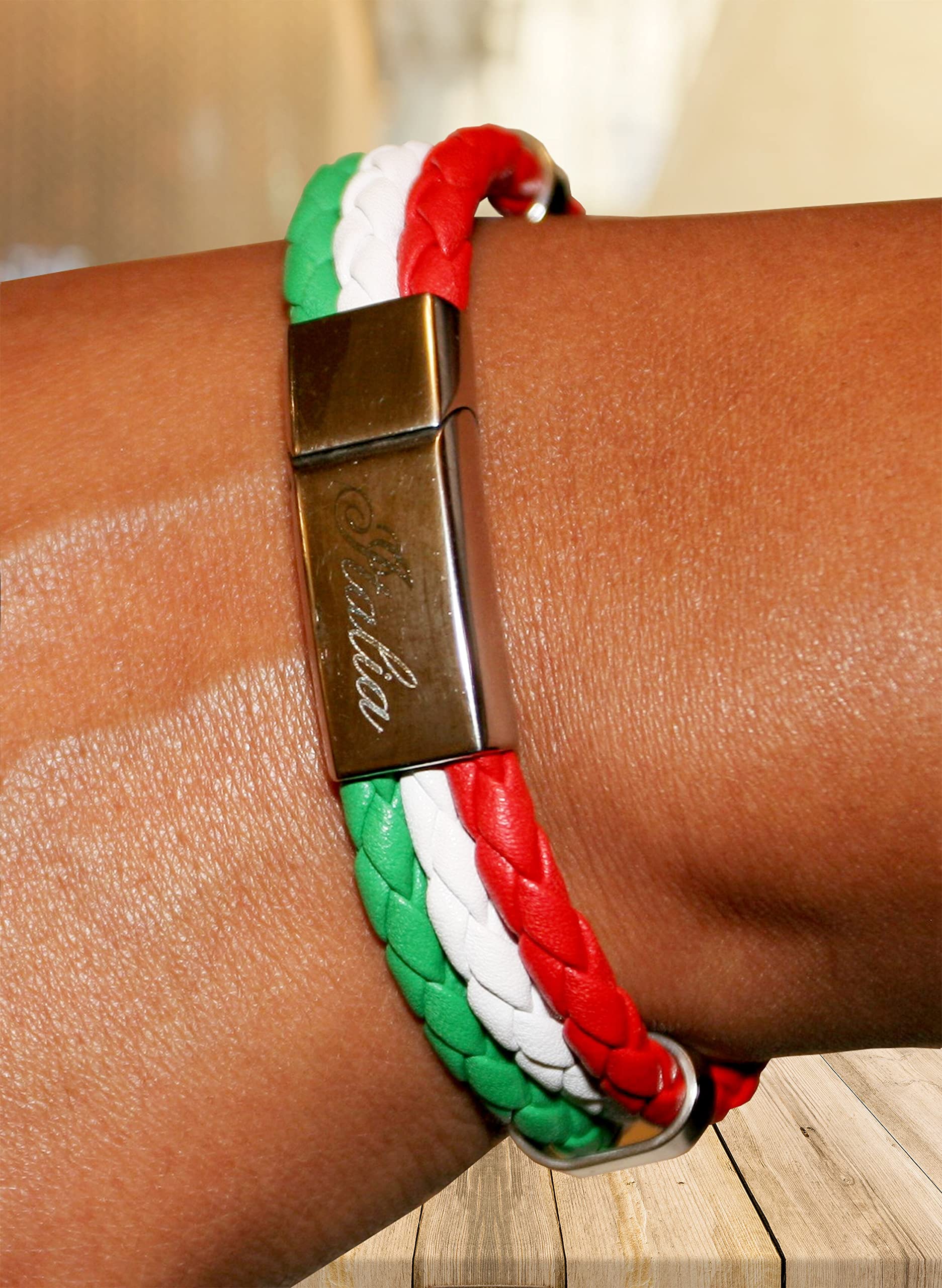 Tricolor Leather Bracelet with Stainless Steel Clasp in Italy Flag Colors - Great Italian Themed Jewelry Gift for Women and Men