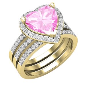 dazzlingrock collection 9mm heart shaped created pink sapphire & 0.63 ct round natural white diamond wedding ring set for her in 10k yellow gold, size 7.5