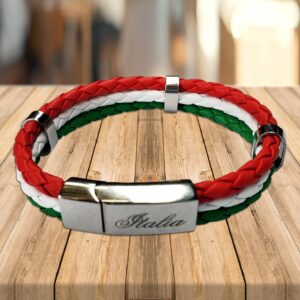 Tricolor Leather Bracelet with Stainless Steel Clasp in Italy Flag Colors - Great Italian Themed Jewelry Gift for Women and Men