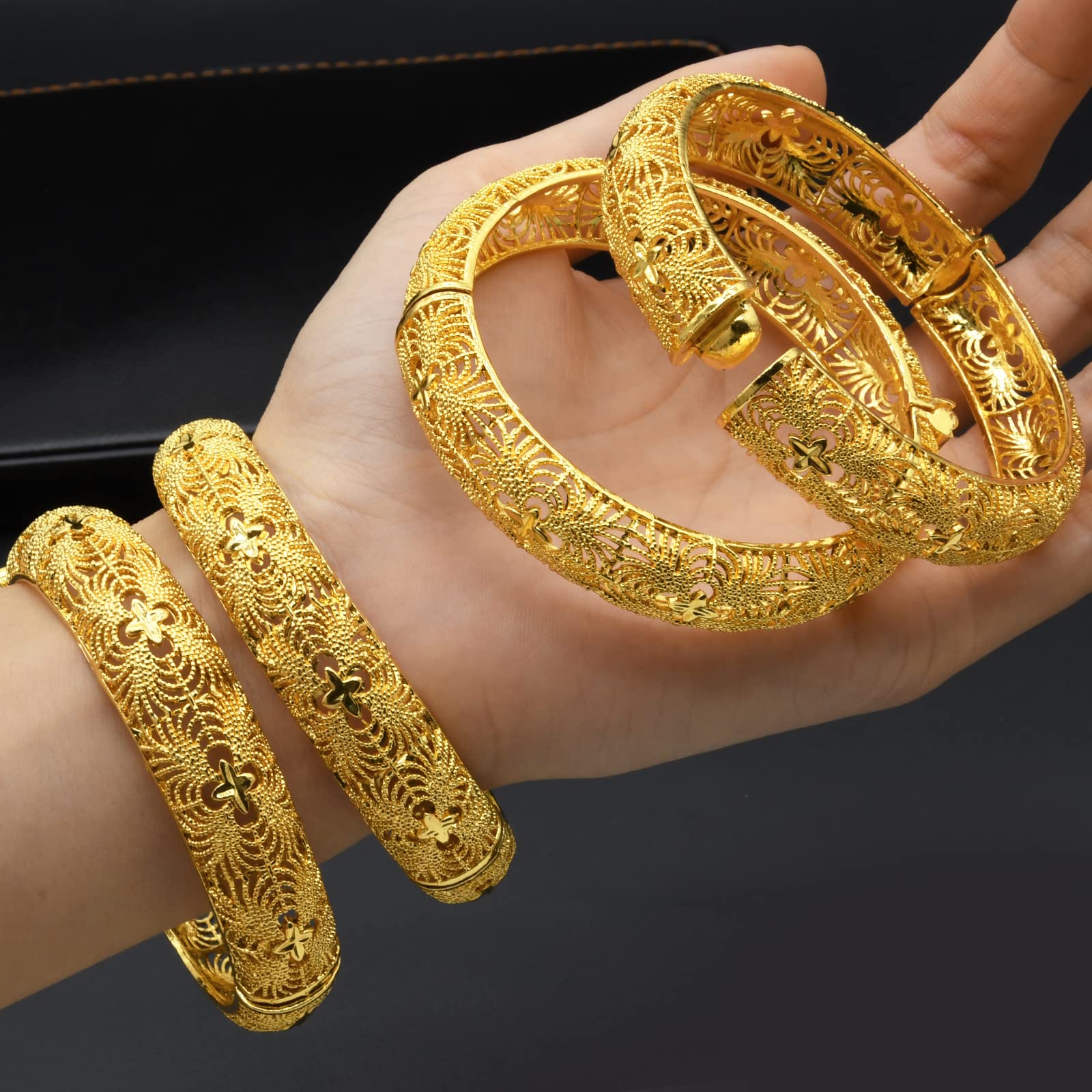 Dubai Gold Bangles for Women Indian African Wedding Bracelets Gold Plated Ethiopian Bridal Jewelry-4pcs