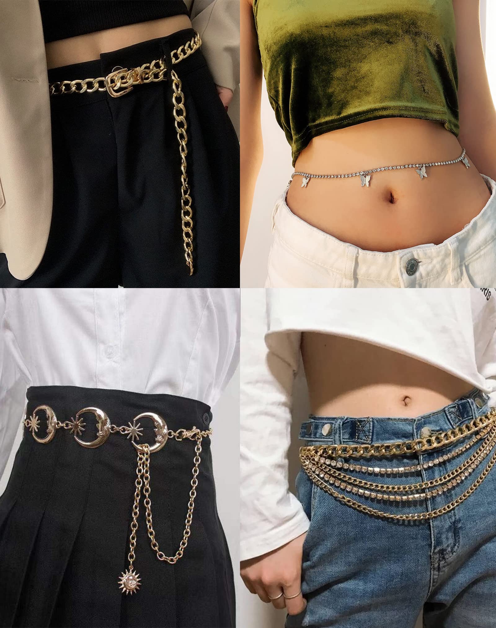 Tornito 6Pcs Multilayer Metal Hoop Link Waist Chain Belt Waistbands Butterfly Tassel Belly Bikini Body Thigh Hip Jewelry Side Pant Chain Belt for Women