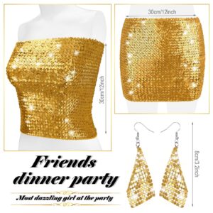 Women's Sparkly Sequin Crop Tops Strapless Metallic Tube Tops with Metal Mesh Drop Dangle Earrings for Party Clubwear (Gold)