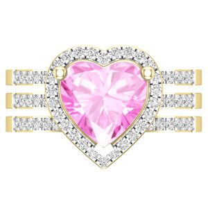 Dazzlingrock Collection 9mm Heart Shaped Created Pink Sapphire & 0.63 CT Round Natural White Diamond Wedding Ring Set for Her in 10K Yellow Gold, Size 7.5