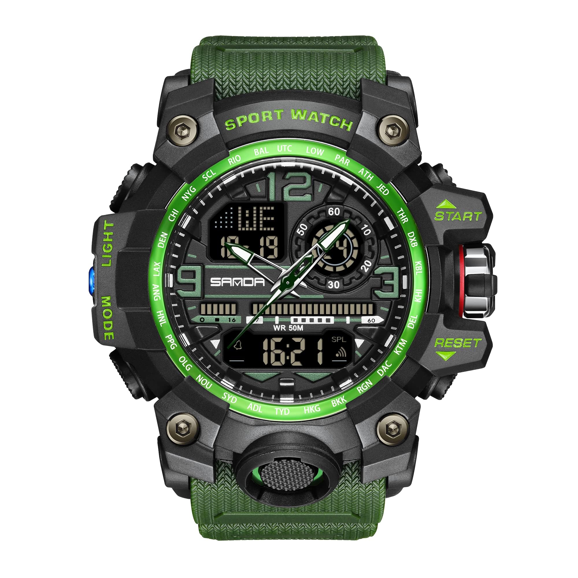 KXAITO Men's Watches Sports Outdoor Waterproof Military Watch Date Multi Function Tactics LED Face Alarm Stopwatch for Men (3133_Green)